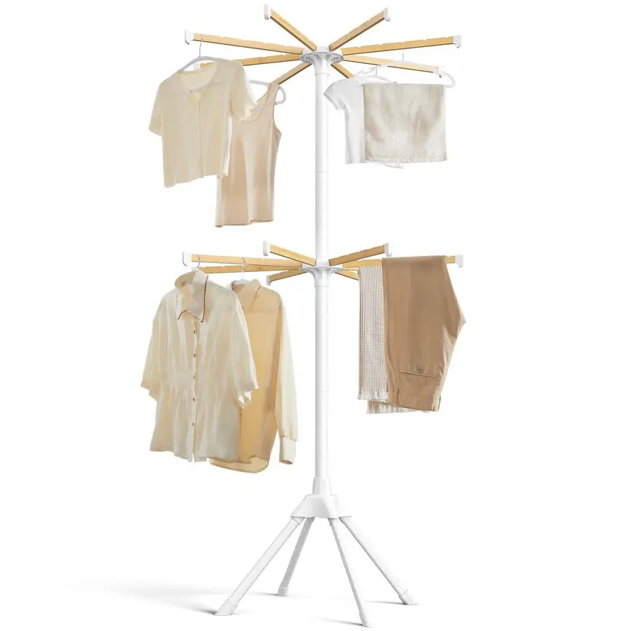 

Сушилка для одежды, 2-уровневая, с бамбуковыми подвесными стержнями, складная металлическая вешалка для белья, экономия места, отдельно стоящая насадка, для использования в помещении, W