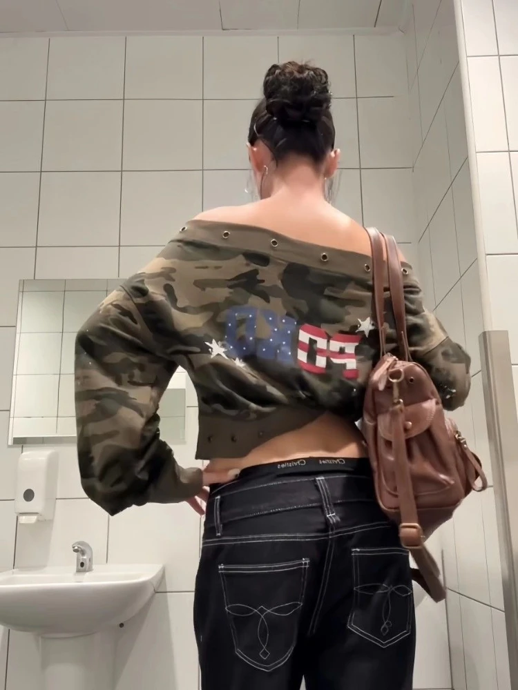 HOUZHOU Camouflage Sweatshirts Women Vintage Sexy Off Shoulder Y2k Crop Tops American Retro Hip Hop 2000s Streetwear Sweatshirts