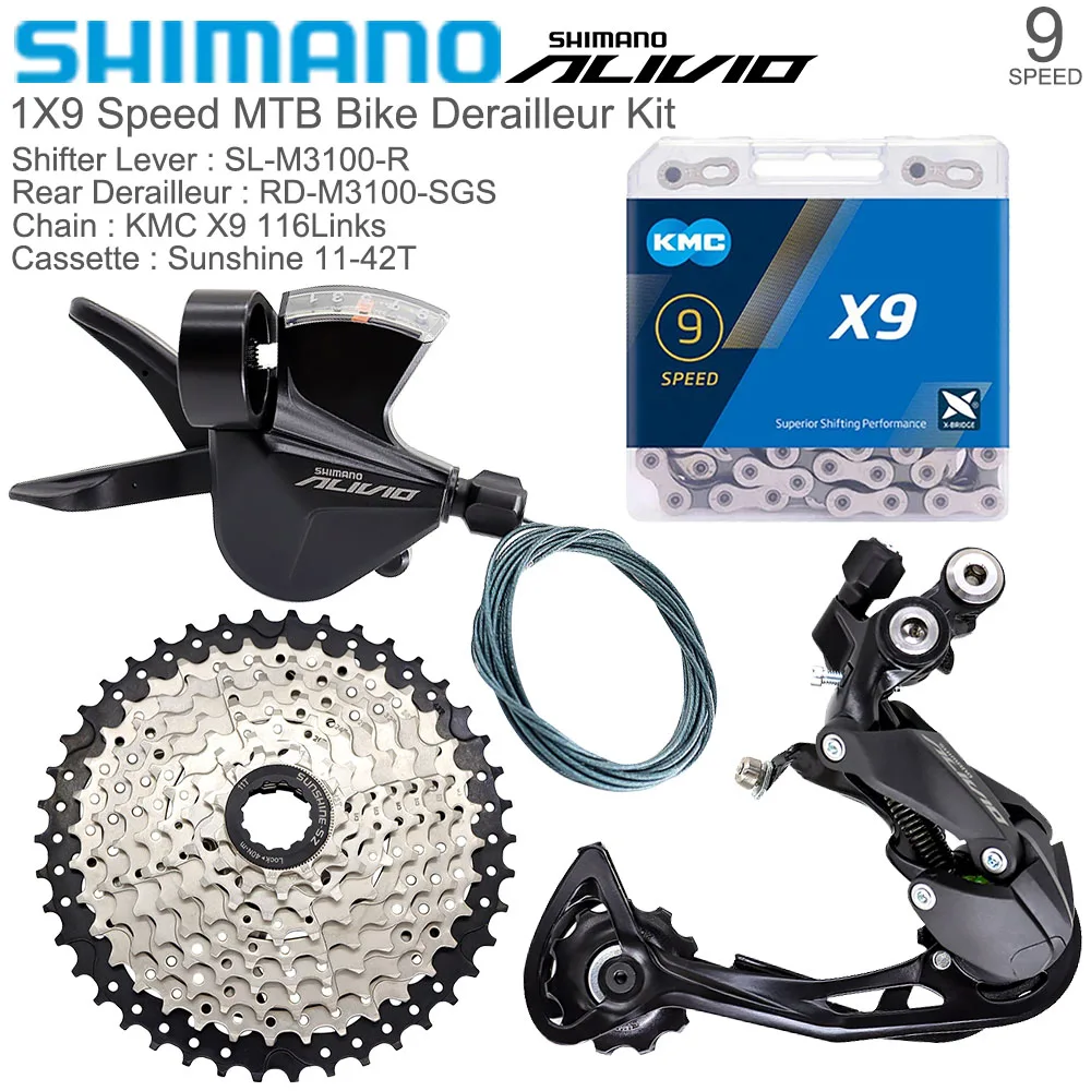 SHIMANO ALIVIO M3100 Kit for MTB Bike 1X9 Speed Rear Derailleur 36/40/42T Cassette KMC X9 Chain M3100 Groupset 9S Bicycle Parts