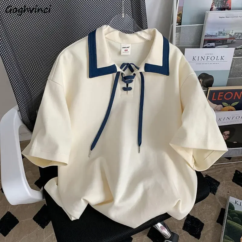 

Футболки с лацканами женские классические летние мешковатые милые топы в консервативном стиле нежные мягкие удобные унисекс молодые простые топы в стиле Харадзюку со вставками