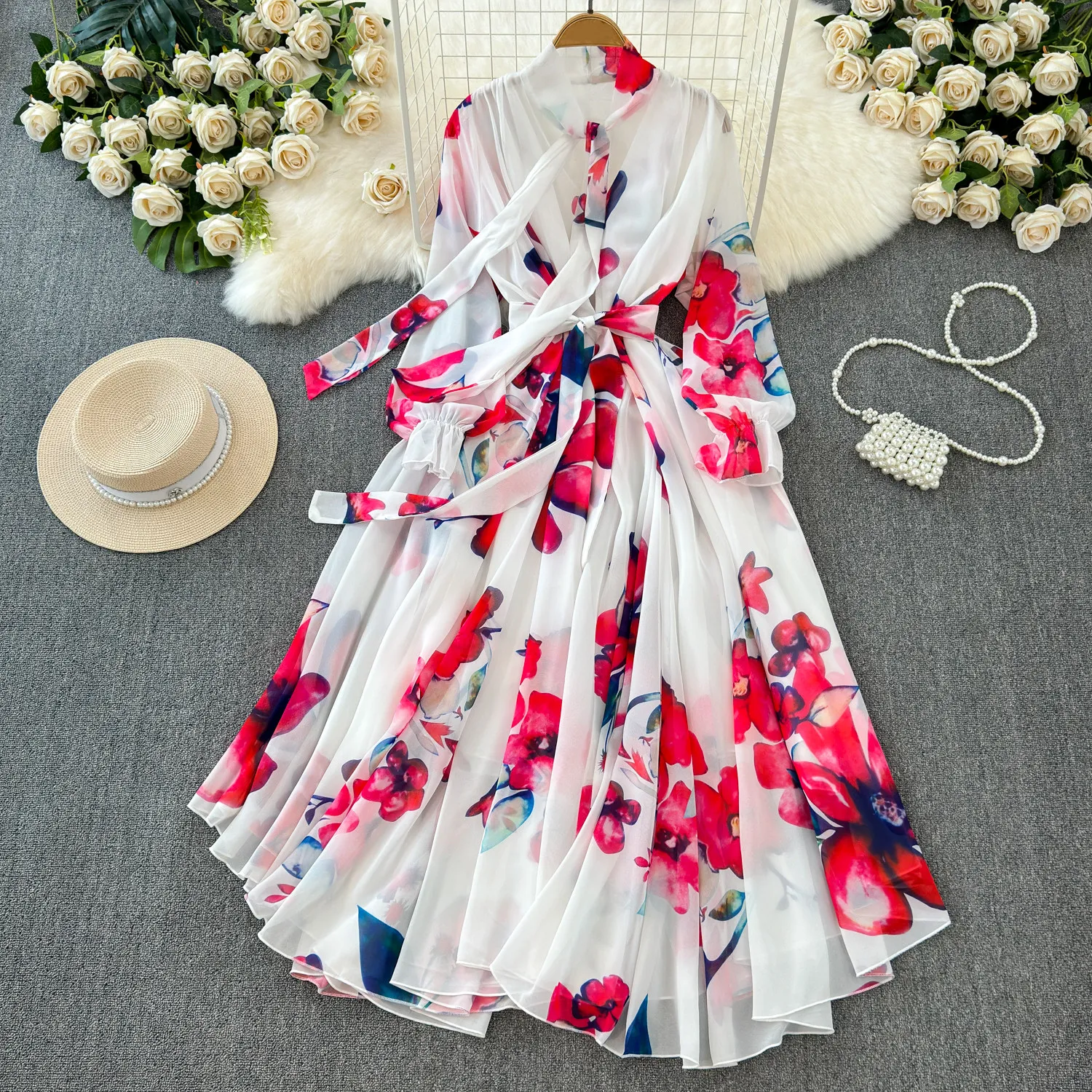 

Clothland Women Vintage Floral Chiffon Maxi Dress Bow Tie Sashes Long Sleeve One Piece Chic Long Dresses Vestido QD789