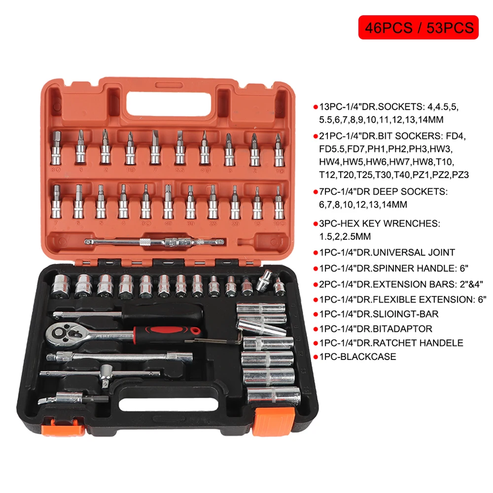 

46Pcs 53Pcs 1/4Inch Drive Socket Set Removal Tools Torx Bit Socket Set Ratchet Torque Socket Wrench Bar Car Repair Tools