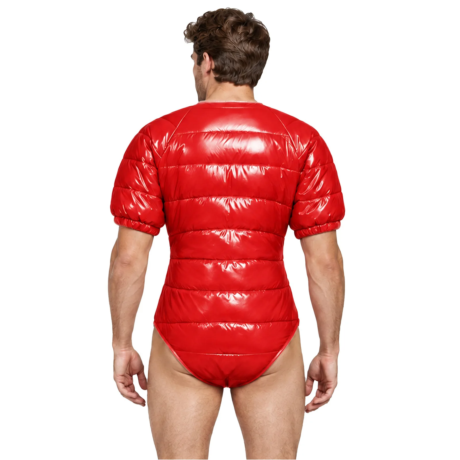 Men Water Resistant Bodysuit Short Sleeve Round Neck Front Zipper Padded Leotard Daily Casual Sports Outfit for Night Pole Dance