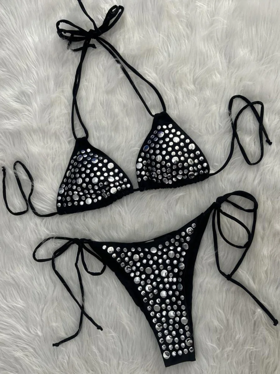 

Металлический купальник-бикини с пайетками 2026 для женщин, комплект из двух частей, пляжная одежда для плавания
