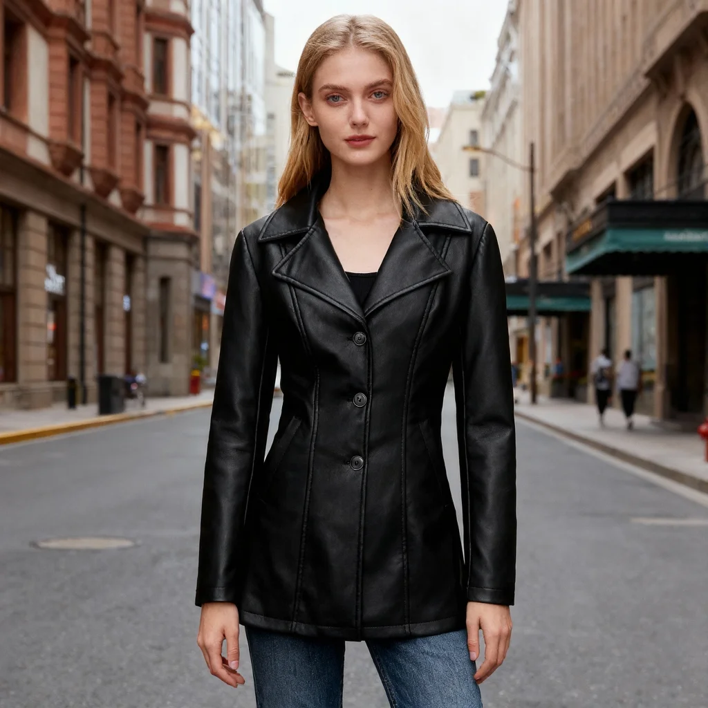 Veste en cuir Pu coupe cintrée pour femme – Col rond, couture arrière à triple bouton, manteau court noir pour le printemps, l'automne et l'hiver