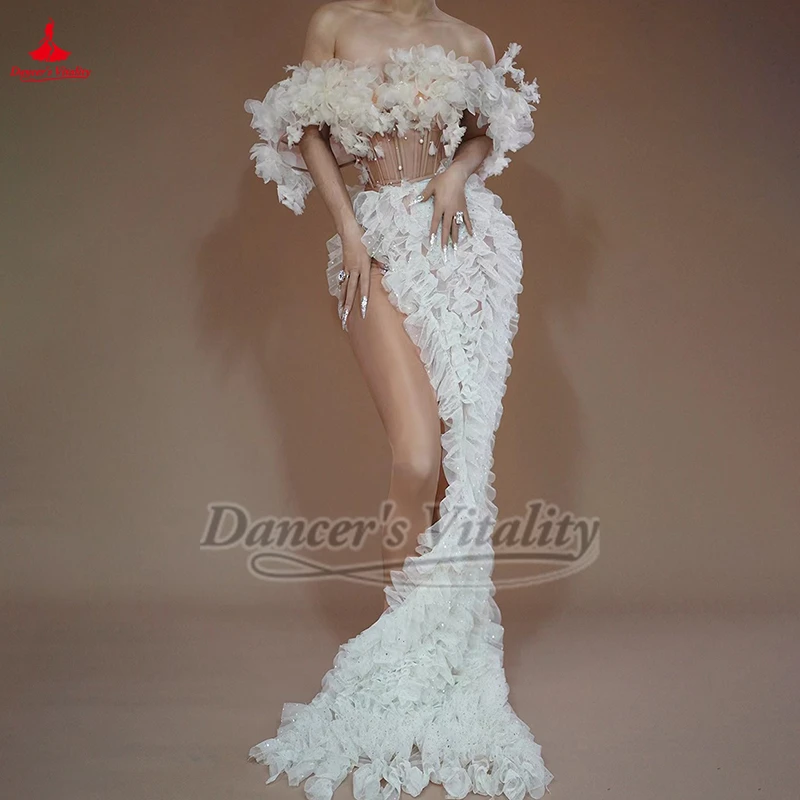 女性ナイトクラブパーティー写真スタジオ DJ ソーシャルメディアアンカーメッシュ視点中空デザインセクシーなストラップレスガウンカスタマイズ