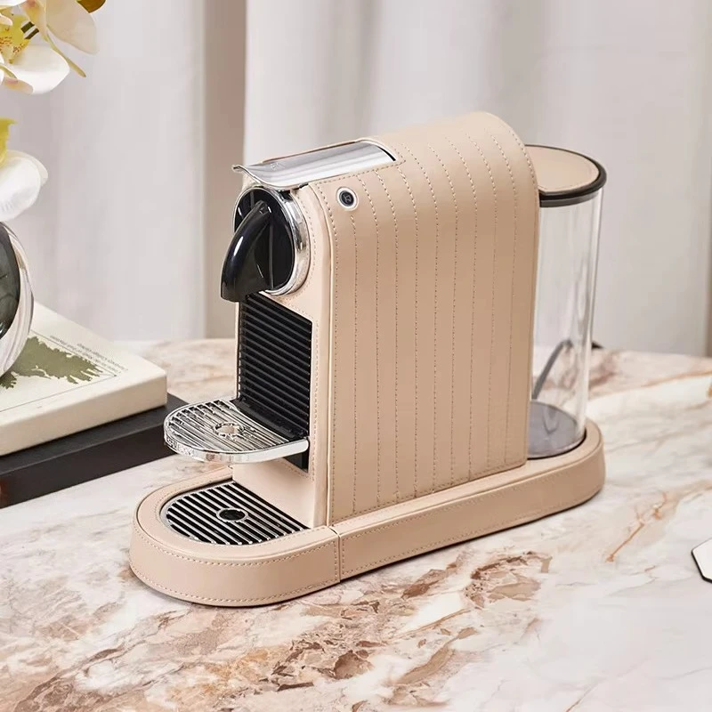 Compact Countertop Tool Stylish Beige Leather-Stitched Coffee Machine for Home & Office