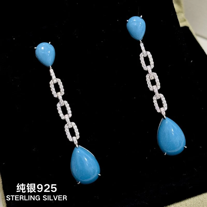 

2024 New Trend S925 Brand Retro Blue Turquoise Water Drop Tassel Earrings Charm Fashion Jewelry Engagement Birthday gift