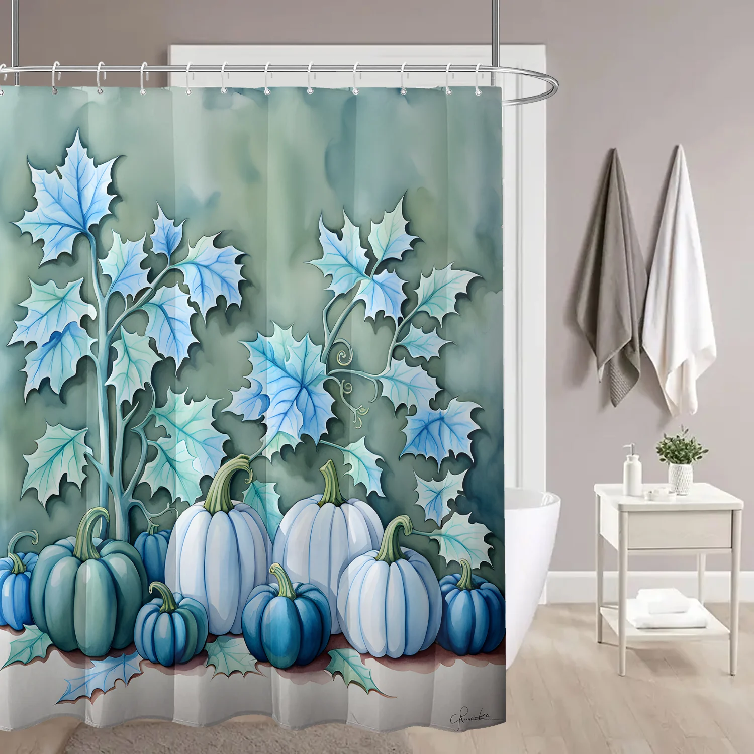 1 piece of blue-green pumpkin shower curtain with plastic hook, cartoon autumn style printed bathroom partition curtain