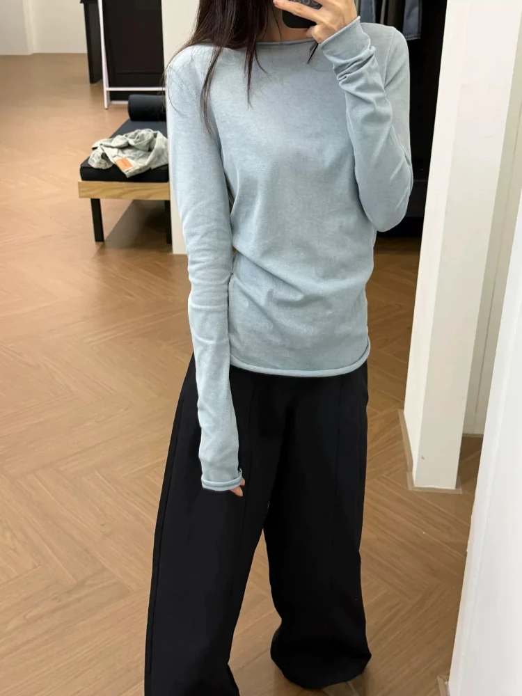 Slimming Effect Blue Roll-Up Sleeve T-Shirt Casual Inner Wear Top High Waist Cotton Blend Polyester Long Sleeve round Neck