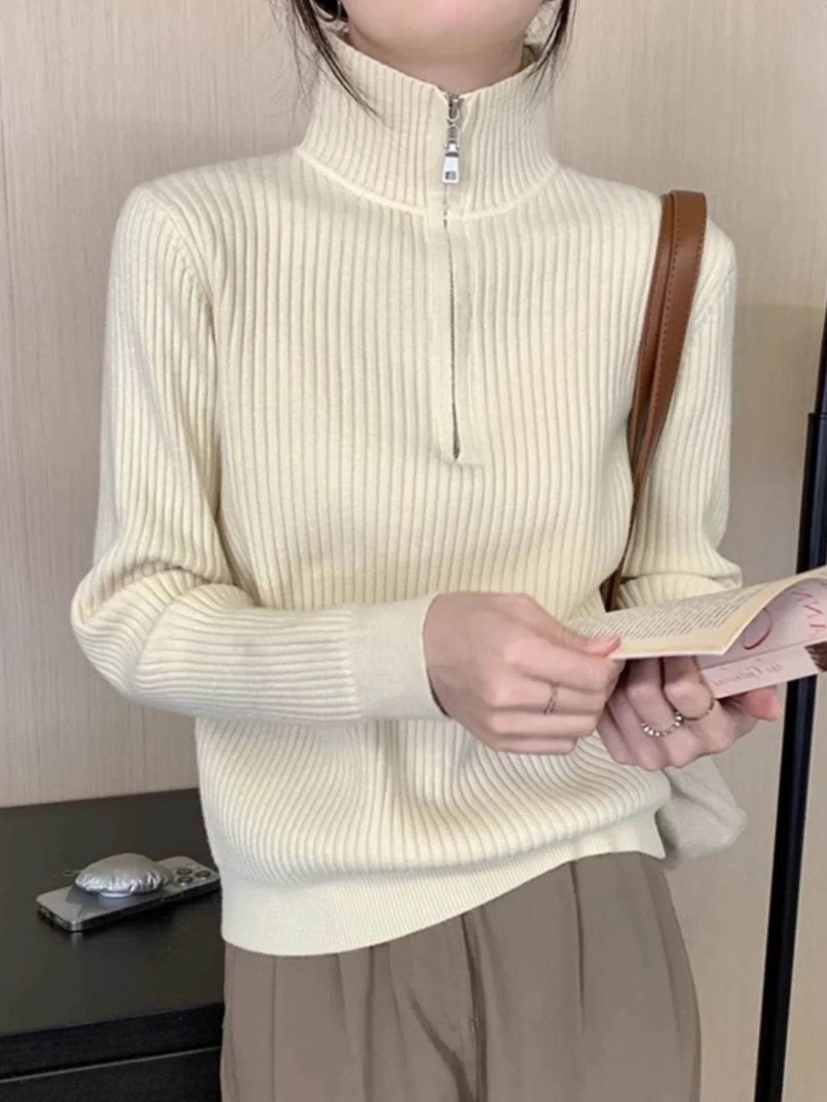 

Women's High Collar Thickened Zipper Sweater Base Shirt Spring Autumn Winter New Lazy Style Turn-down Collar Outerwear Top