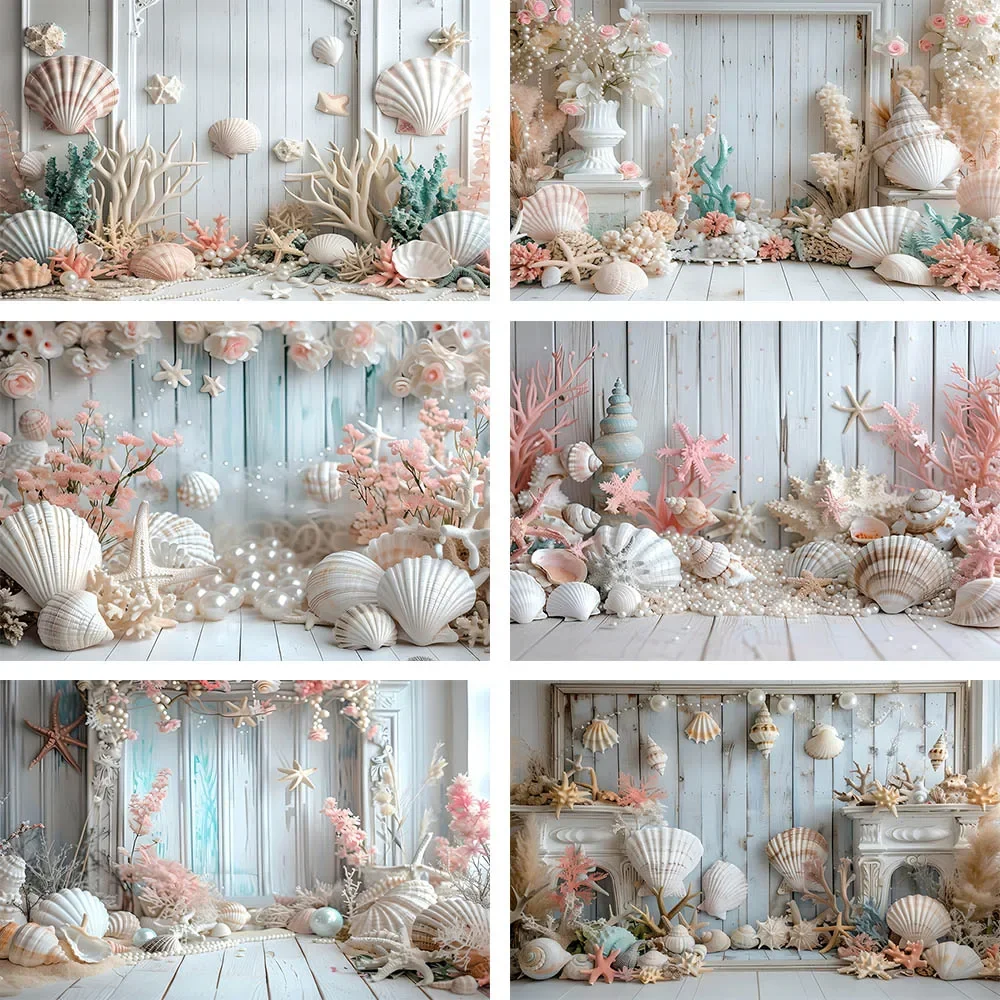 Mehofond Photography Background Summer Mermaid Pearl Shell Decor Princess Birthday Party White Wooden Board Backdrops Photozone