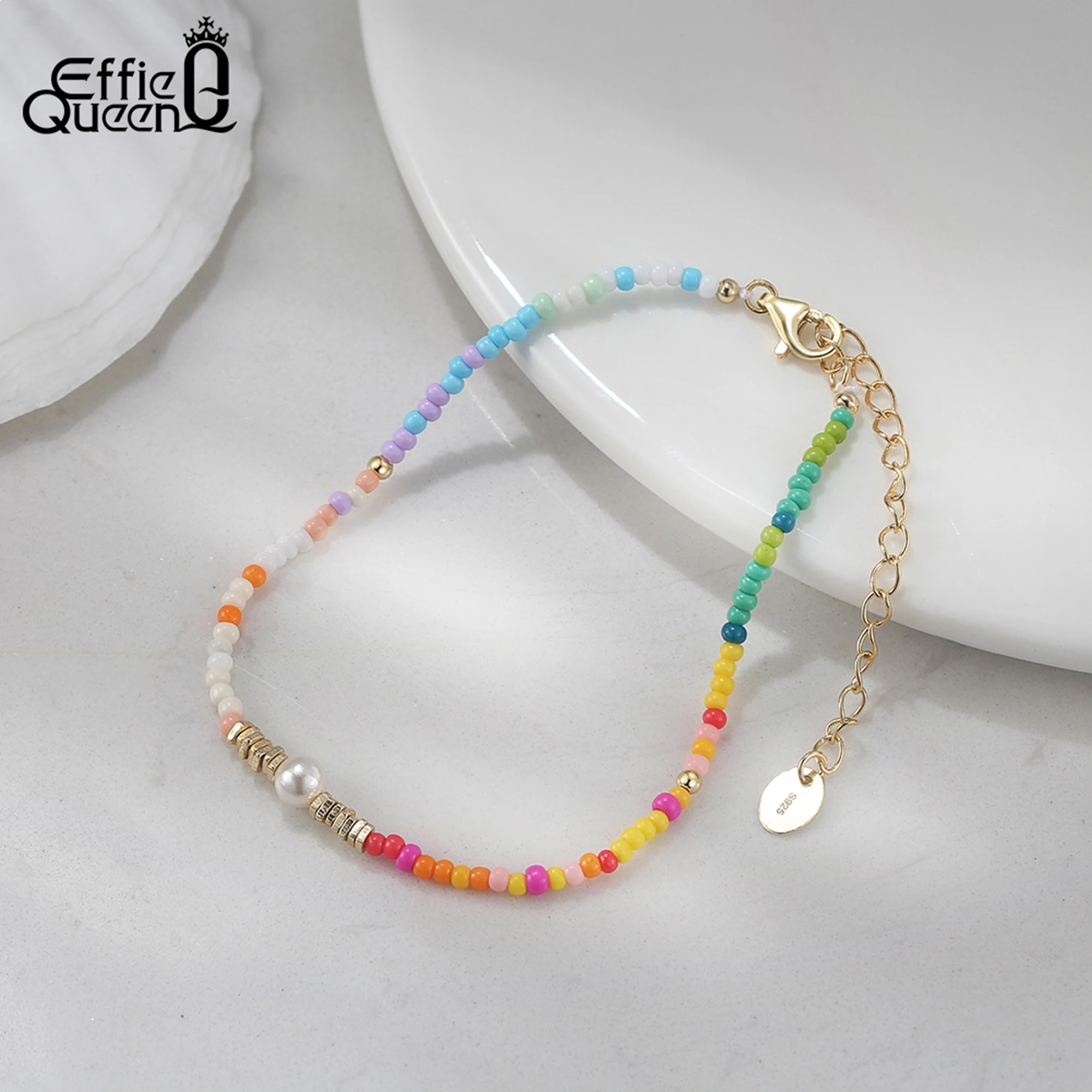 

EFFIE QUEEN S925 Серебряная жемчужная цепочка в форме ракушки с разноцветными бусинами, браслет-орнамент, популярный аксессуар для ручного подарка PSB06
