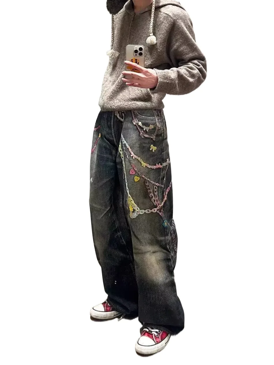 الهيب هوب ثلاثية الأبعاد طباعة سلسلة الدنيم بانت طويل ملابس الشارع الشهير فضفاض الجينز Y2K رجل الملابس الجينز الرجال الجينز فضفاض الزي اليومي