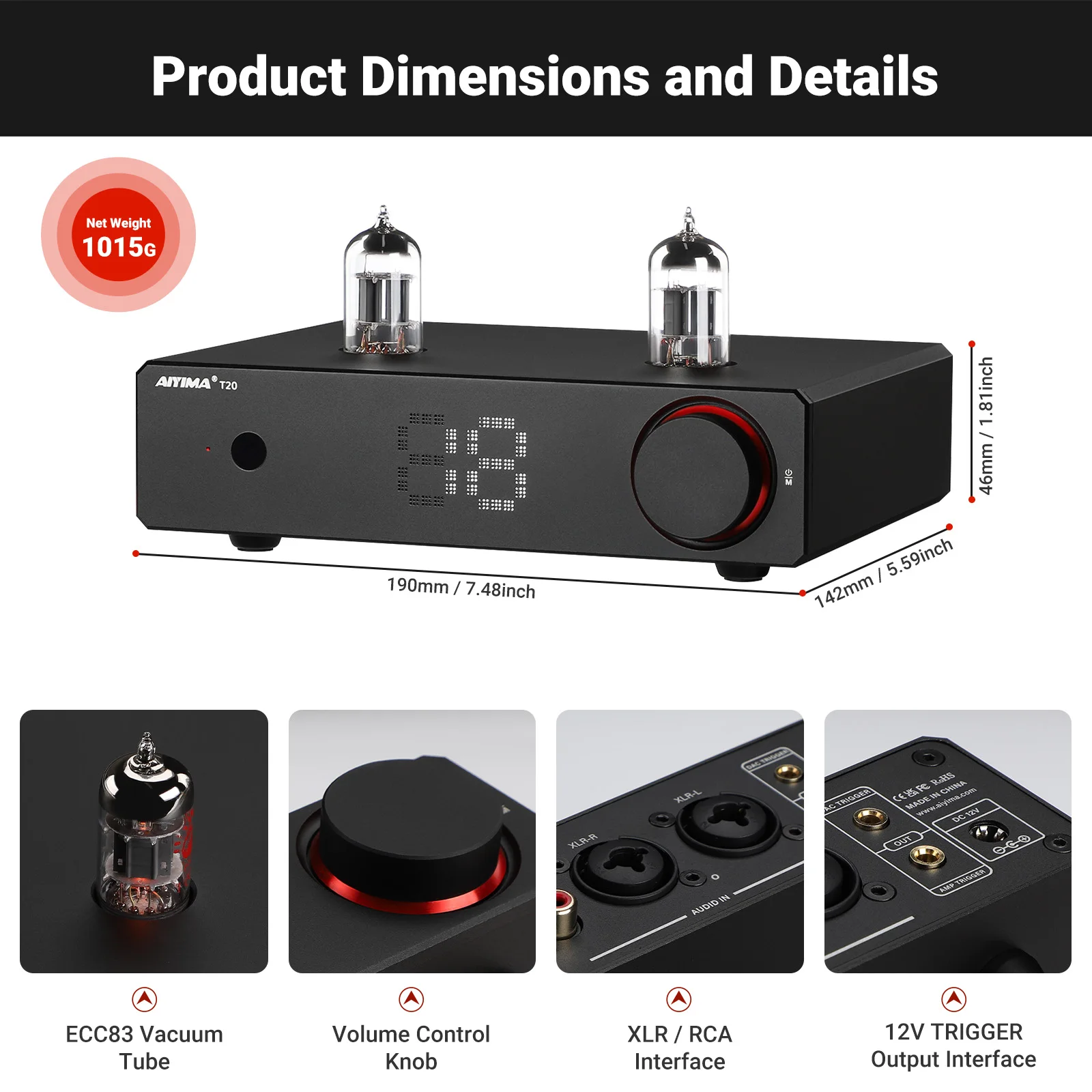 AIYIMA T20 فراغ أنبوب المضخم ECC83 متوازن تماما Preamp RCA XLR المدخلات HiFi ستيريو DAC أمبير 12 فولت الزناد الناتج