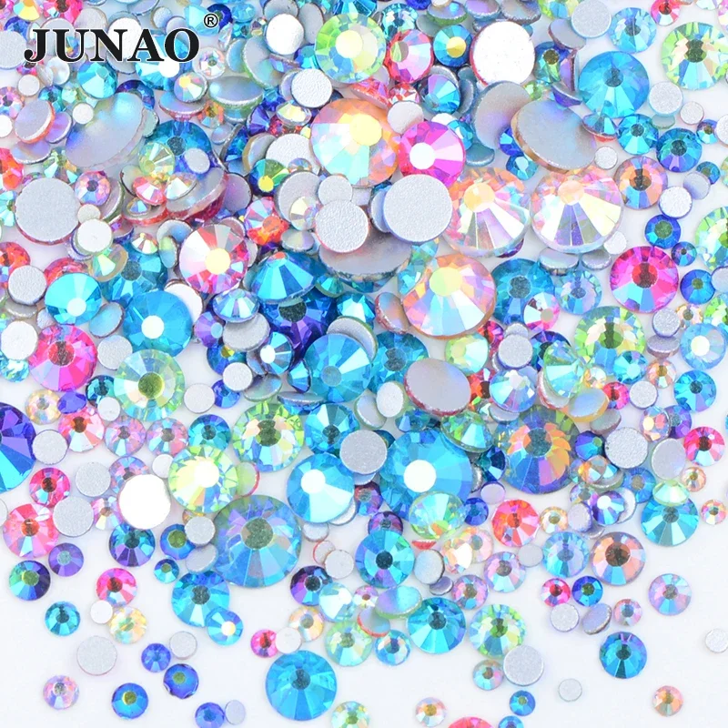 JUNAO 1400pcs Mix Size Mix AB Color Glass Rhinestone Flatback Crystal Stones Non Hotfix Strass Appliques  For Nail Dress Crafts