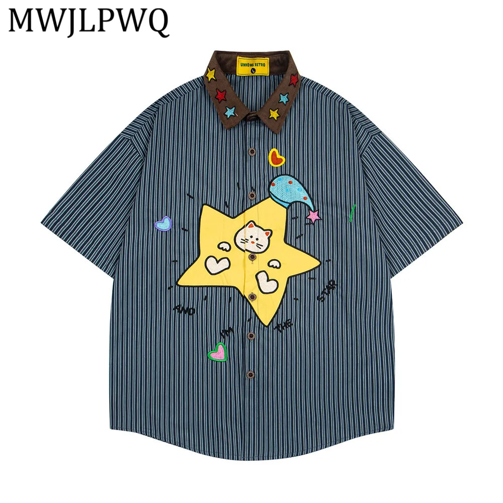 

MWJLPWQ Embroidered Vertical Stripe Design Shirts Short-Sleeve Casual Loose Fit Summer Men's Hip-Hop Trendy Niche Tops 13640