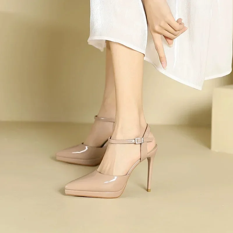 Comemore New Fashion Solid Color Ankle Buckle Comfortable Single Shoes Pointed Toe Pumps 8cm High Heels Apricot Women's Shoes