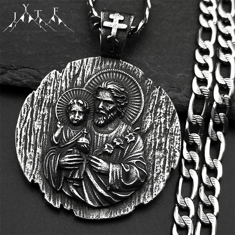 

Saint Joseph Christian Hold Baby Jesus Round Medal Necklace for Women Men Stainless Steel Silver Color Necklaces Amulet Jewelry