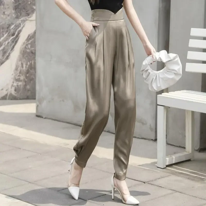 

Casual Haren Pants Folds Spring High Waist Zipper Women's Clothing Loose Commuter Solid Color Fashion Spliced Trousers Z990