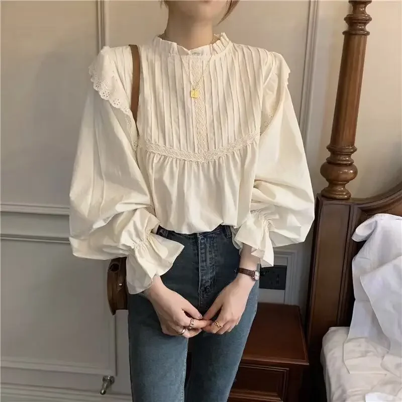 White Blouse Women Blusas Stand Neck Chiffon Shirts Long Sleeve Ruffles Lace Blouses Vintage Elegant Sweet Femme Tops