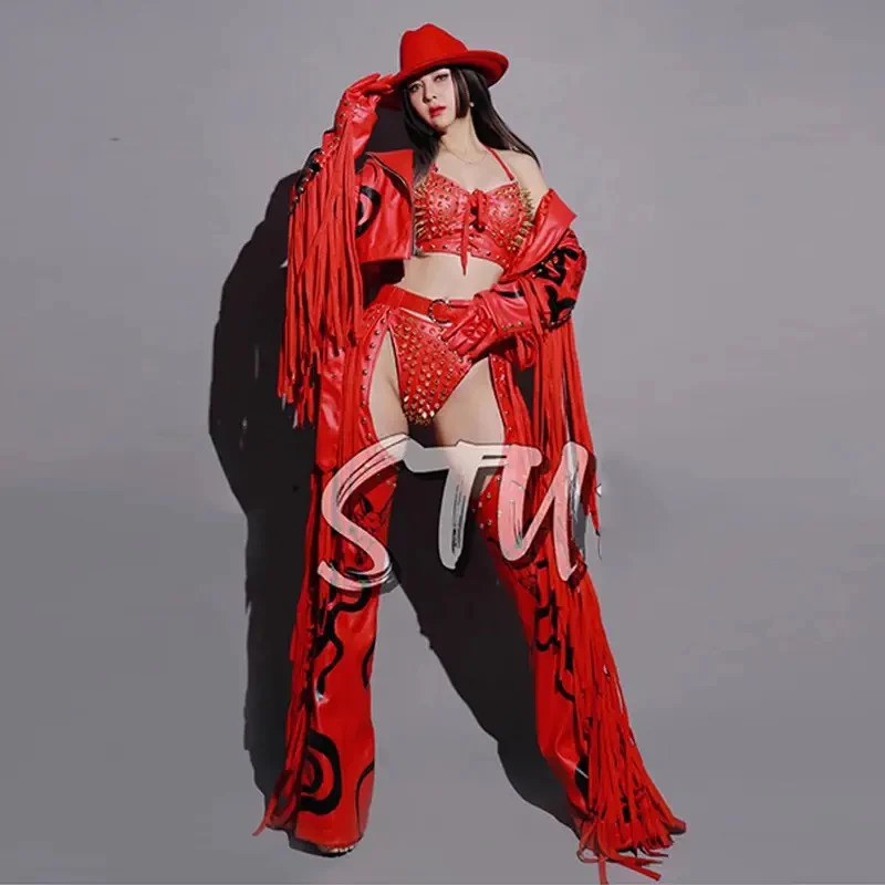 

New Red Punk Rivet Bikini Fringed Coat Singer Performance Stage Outfit Hollow Out Pants Carnival Clothing Drag Queen Costume Set