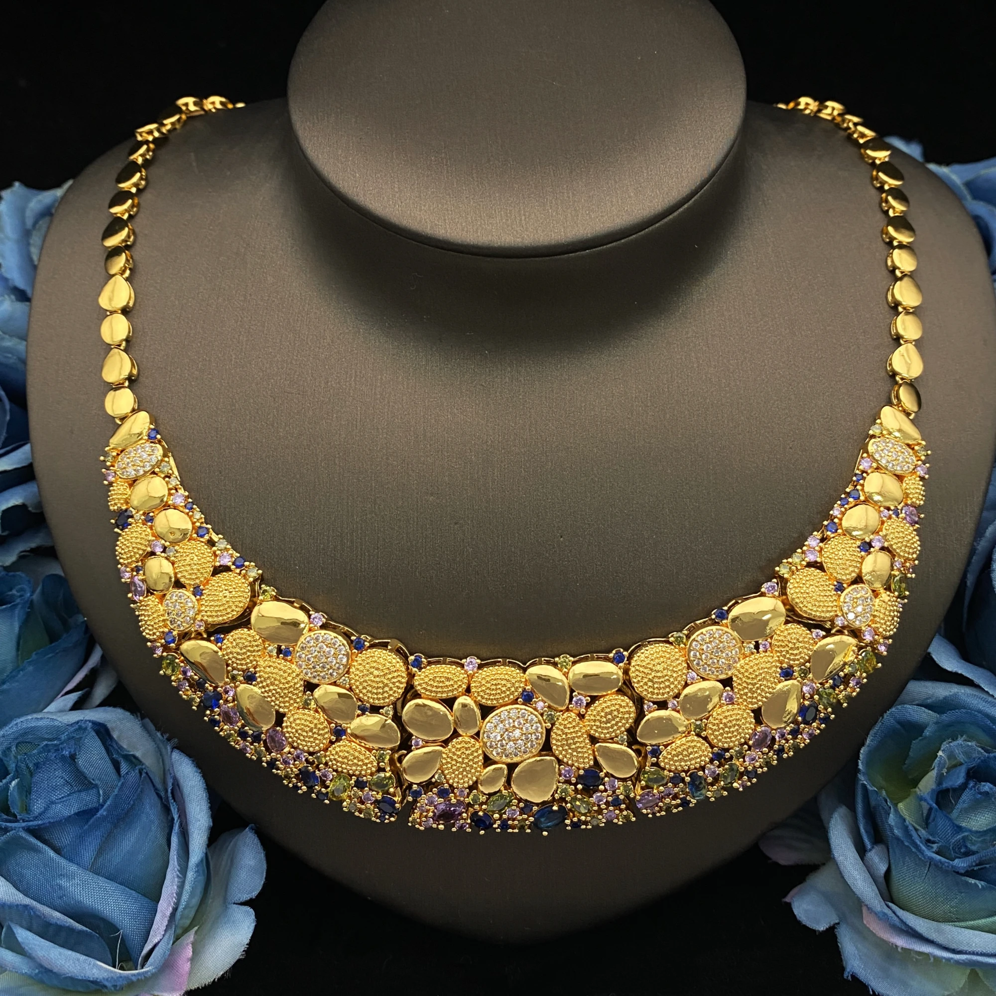 

JRH Gold Plated Brass 4-Piece Jewelry Set with Zircon Necklace Bracelet Earrings Ring Elegant Gift for Women