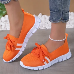 Mesh Gebreide Gestreepte Flats Schoenen Voor Dames 2024 Zomer Veterschoenen Casual Sneakers Vrouw Ademende Zachte Zool Loafers Plus Maat 43