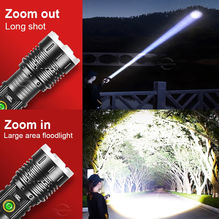 1000000LM Most Powerful LED Flashlight 10000mah High Power Torch Rechargeable 800W Spotlights Tactical Flashlights Lighting 4km