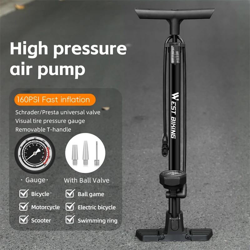 WEST BIKING Bicycle Pump 160PSI Air Pump with Pressure Gauge Schrader Presta Valve Adapter Floor High Pressure Pump for Bicycle