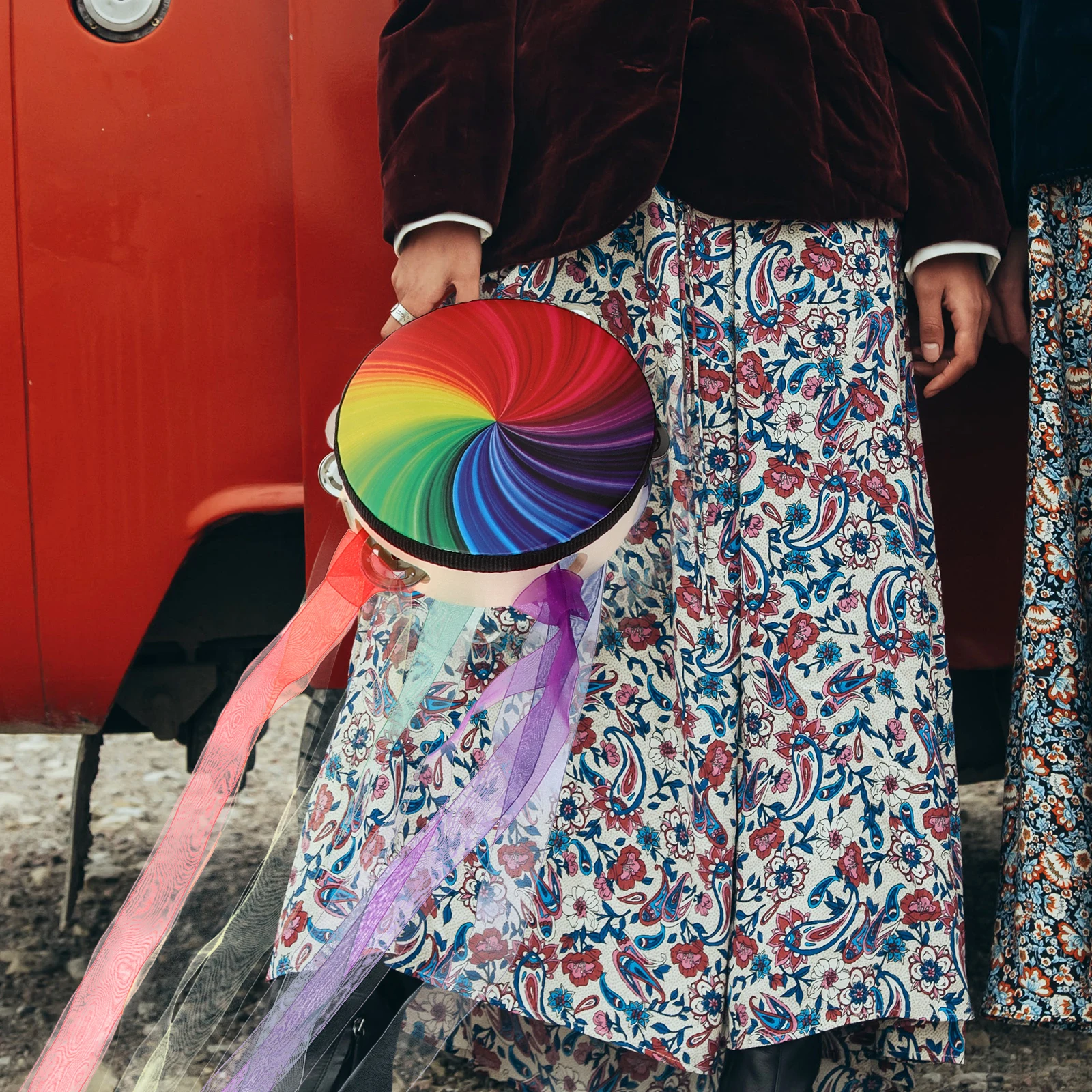 

Handheld Hand Drum Classical Style Portable Drum for Dance Performance Ribbon Tambourine Percussion Instrument