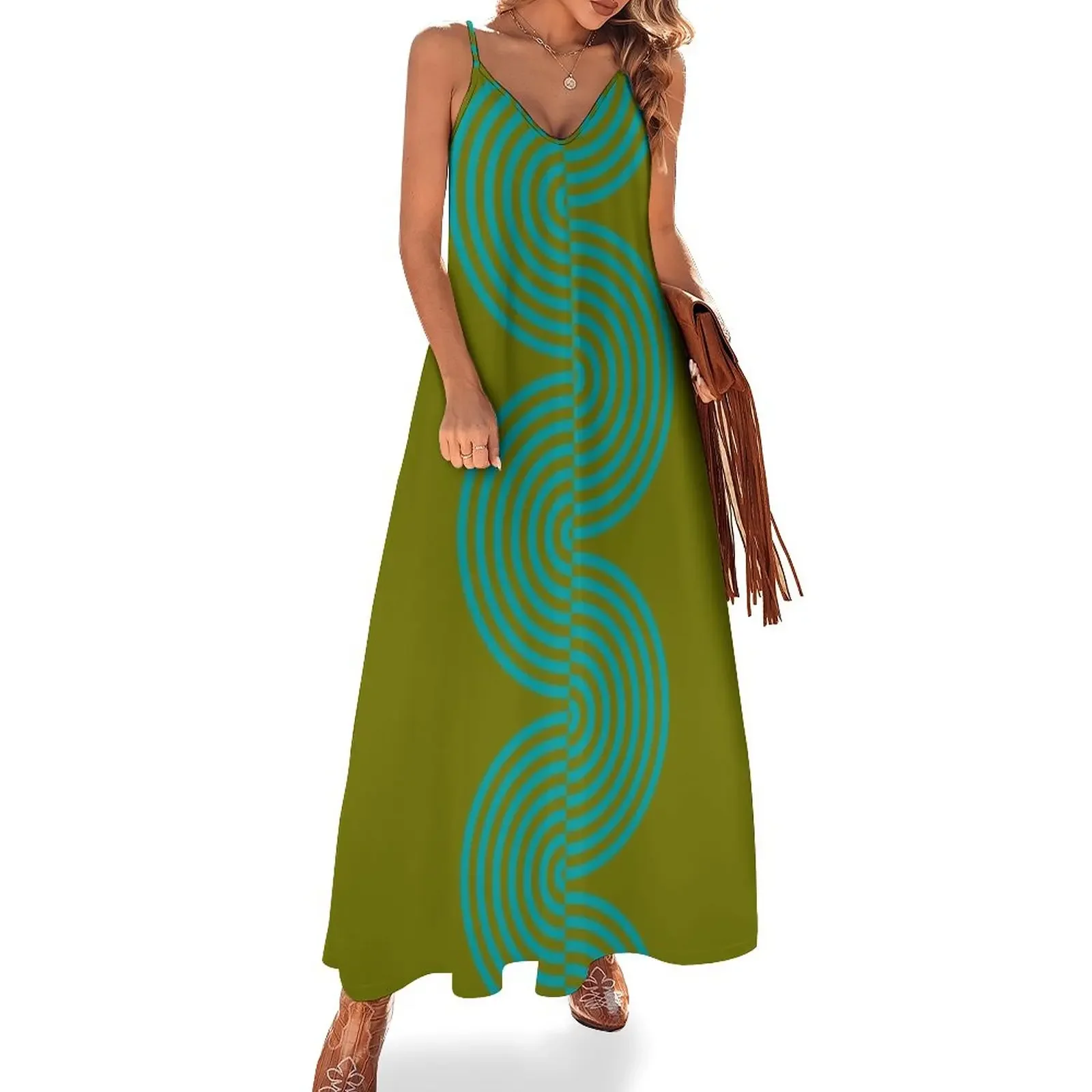 

groovy minimalist pattern: aqua waves on olive Sleeveless Dress Dress women dresses korean style Dress