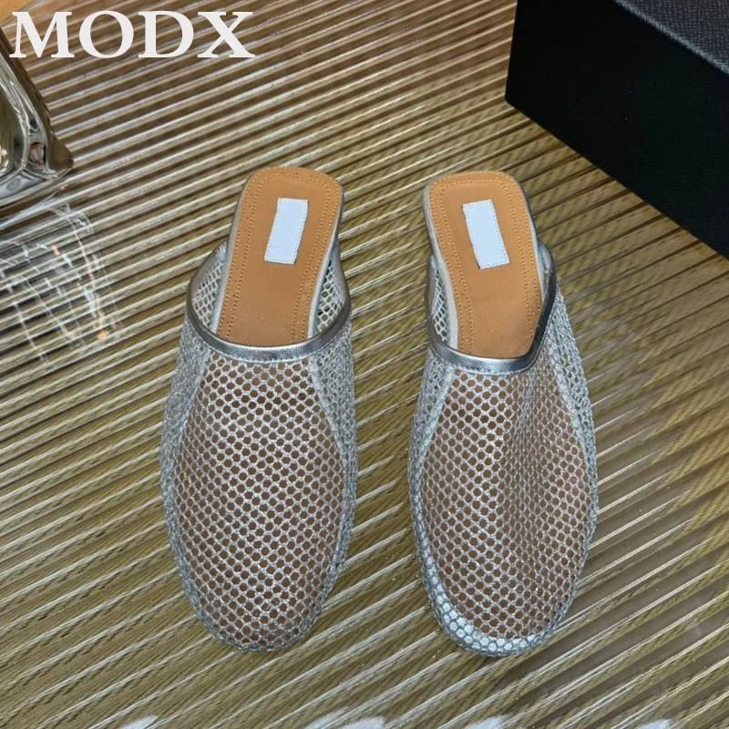 French High Quality Niche Slippers Brand New Mesh Sheepskin Closed Toe Flat Half Slippers Hollow Women\'s Summer Outdoor Sandals