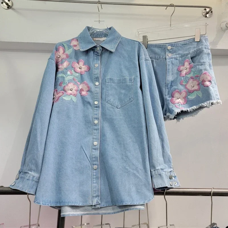 Women Blue Handmade Floral Embroidered Denim Shirt Flowers Jeans Blouses Diamonds Cowboy Cardigan Tops + Denim Shorts 2pcs Set