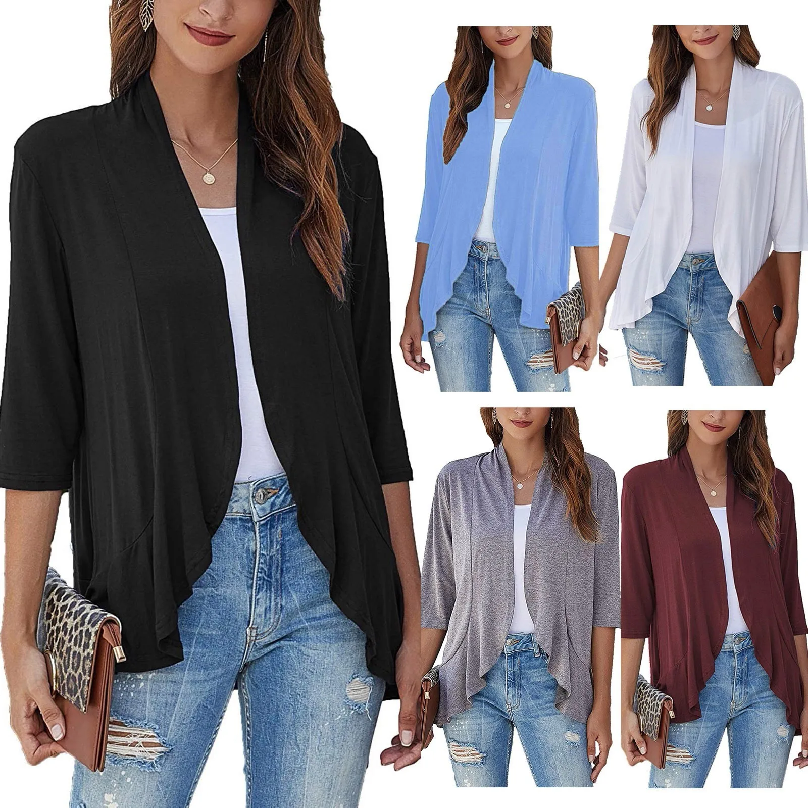 2024 Spring Summer Women Hollow Out Cardigan Female Beach Boho Tops Three Quarter Sleeve Solid Color Sunscreen Shirt Clothing