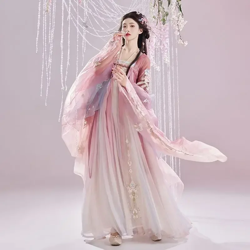 Ancient Chinese Hanfu Dress Women Traditional Embroidery Hanfu Fairy Cosplay Costume Gradient Pink Hanfu Dress For Party Show