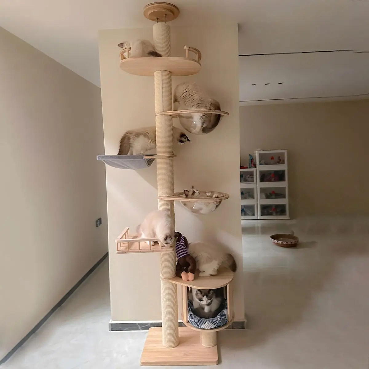 

Solid Wood Cat Climbing Frame Durable and Scratch-resistant PVC Sisal Cat Scratching Post Multi-layer Cat Tree House