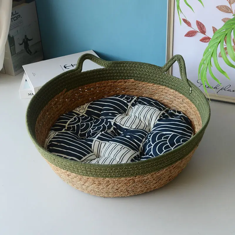 OUZEY Rotan Geweven Kattenmand Met Kussen Zacht Warm Comfortabel Slaapmand Voor Katten Vier Seizoenen Puppy Kitten Bed