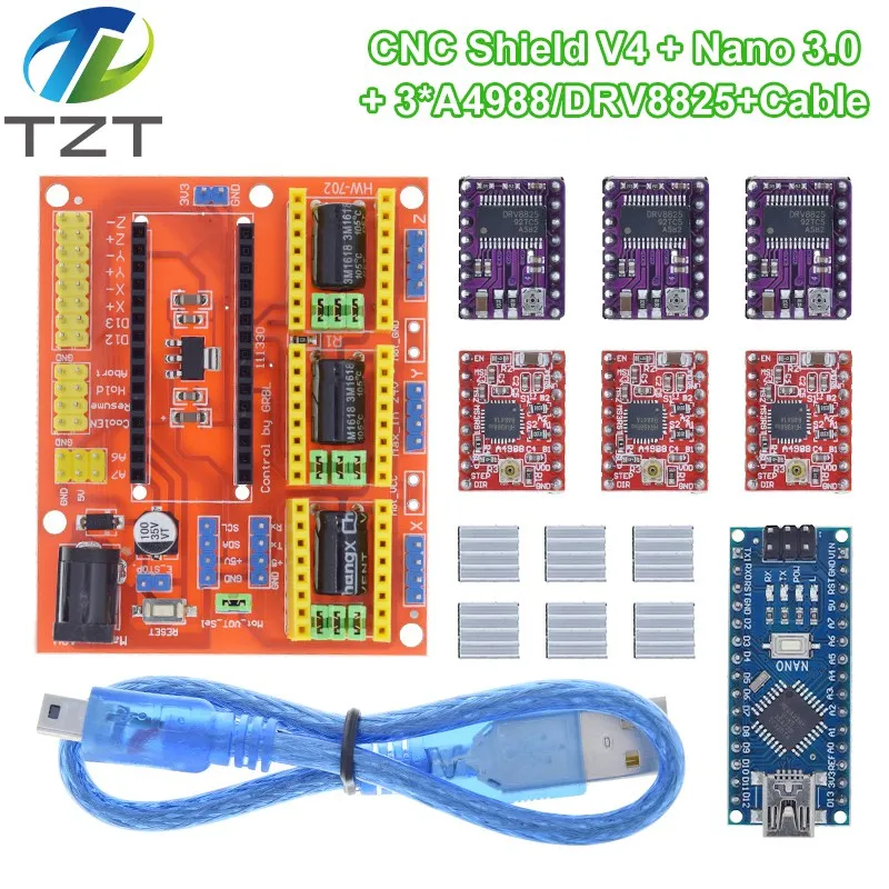 TZT 3DV4 CNC Shield V4 + Nano 3.0 + 3pcs DRV8825 Reprap Stepper Drivers Set For Arduino