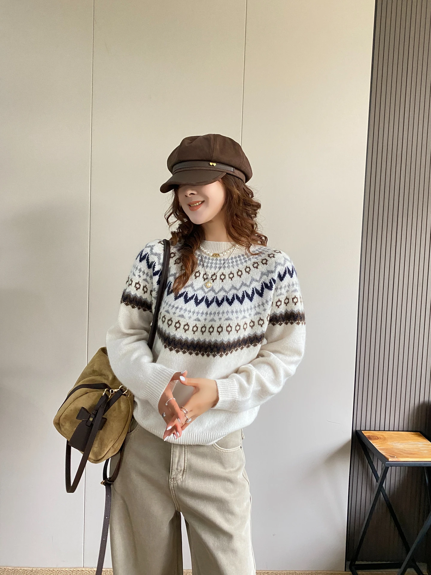 

Retro Fair Isle Knit round Neck Sweater Women's Loose Fit Overhead Knitted Top Trendy Autumn Winter New Style Korean Style Soft
