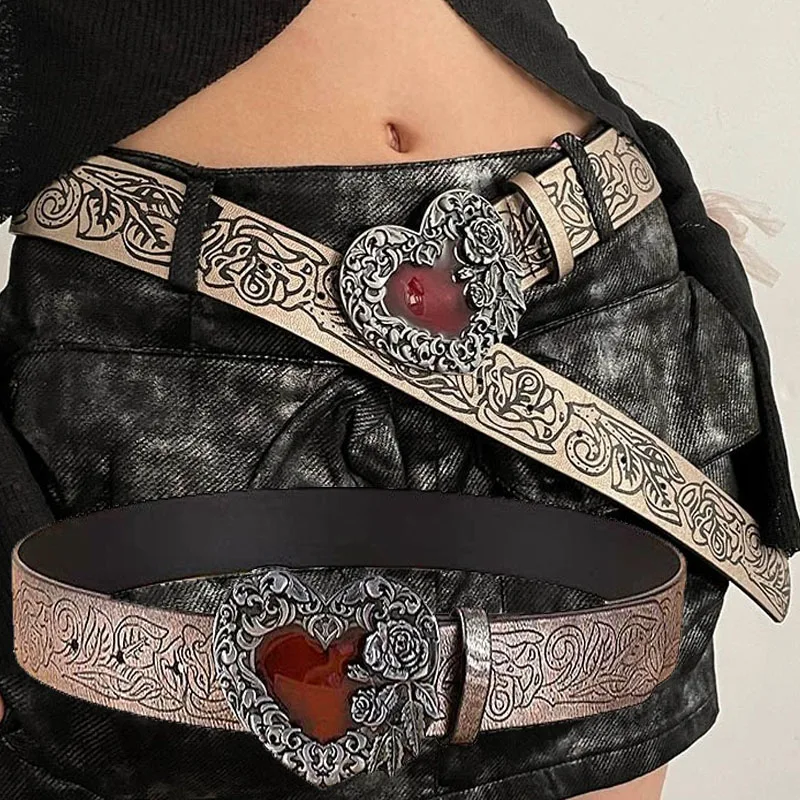 

New Gothic Rock Red Rhinestone Buckle Belts for Women Men Punk Waistband Leather Strap Vintage Unisex Hip Hop Y2k Belt for Jeans