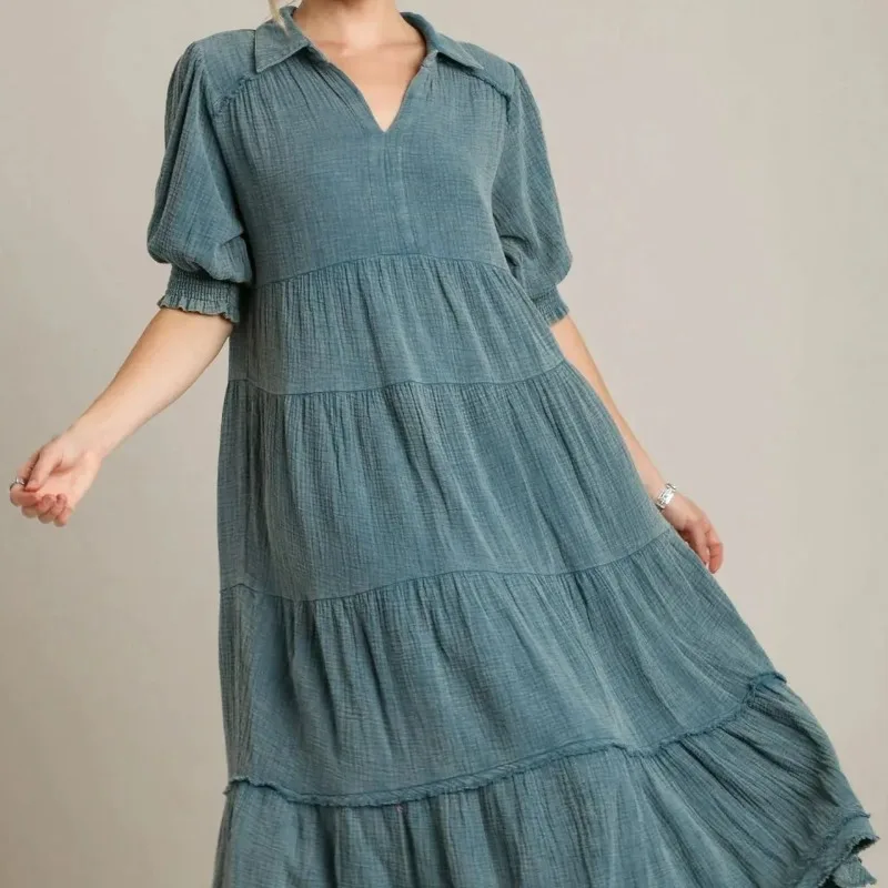 2026 New Fashionable and Comfortable Medium-sleeved V-neck Layered Dress for Women