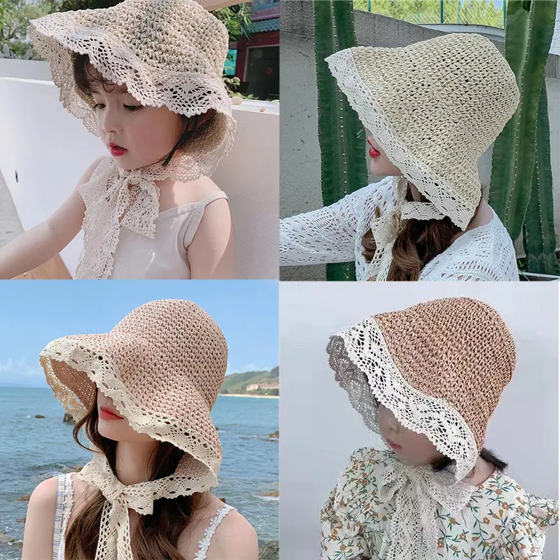 2024 madre bambini cappello di paglia estate bambino cappelli da sole pizzo bambino cappello da pescatore donne adulte berretti da pescatore bambini