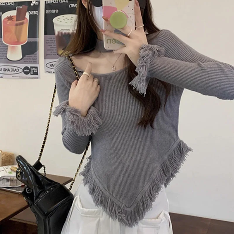 T-shirt slim avec pompon irrégulier pour femme, chemise astronomique, pull licou, document solide, vêtements d'automne et d'hiver