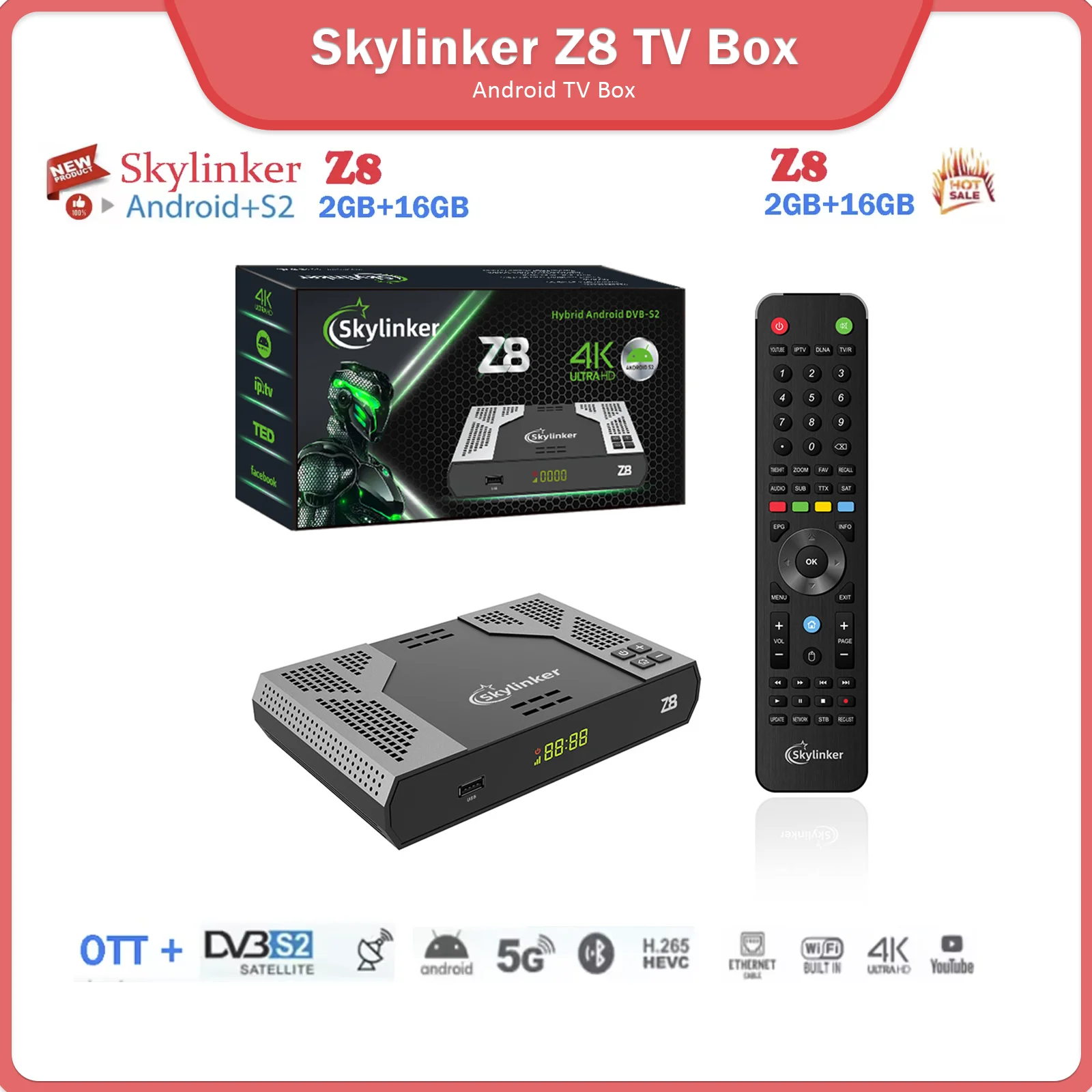 [Genuine]Skylinker Z8 4K Android OTT+DVB-S2 Hybrid TV Box 5G Wifi H.265 DVB S2 FTA Decoder Digital Satellite TV Receiver Set-top