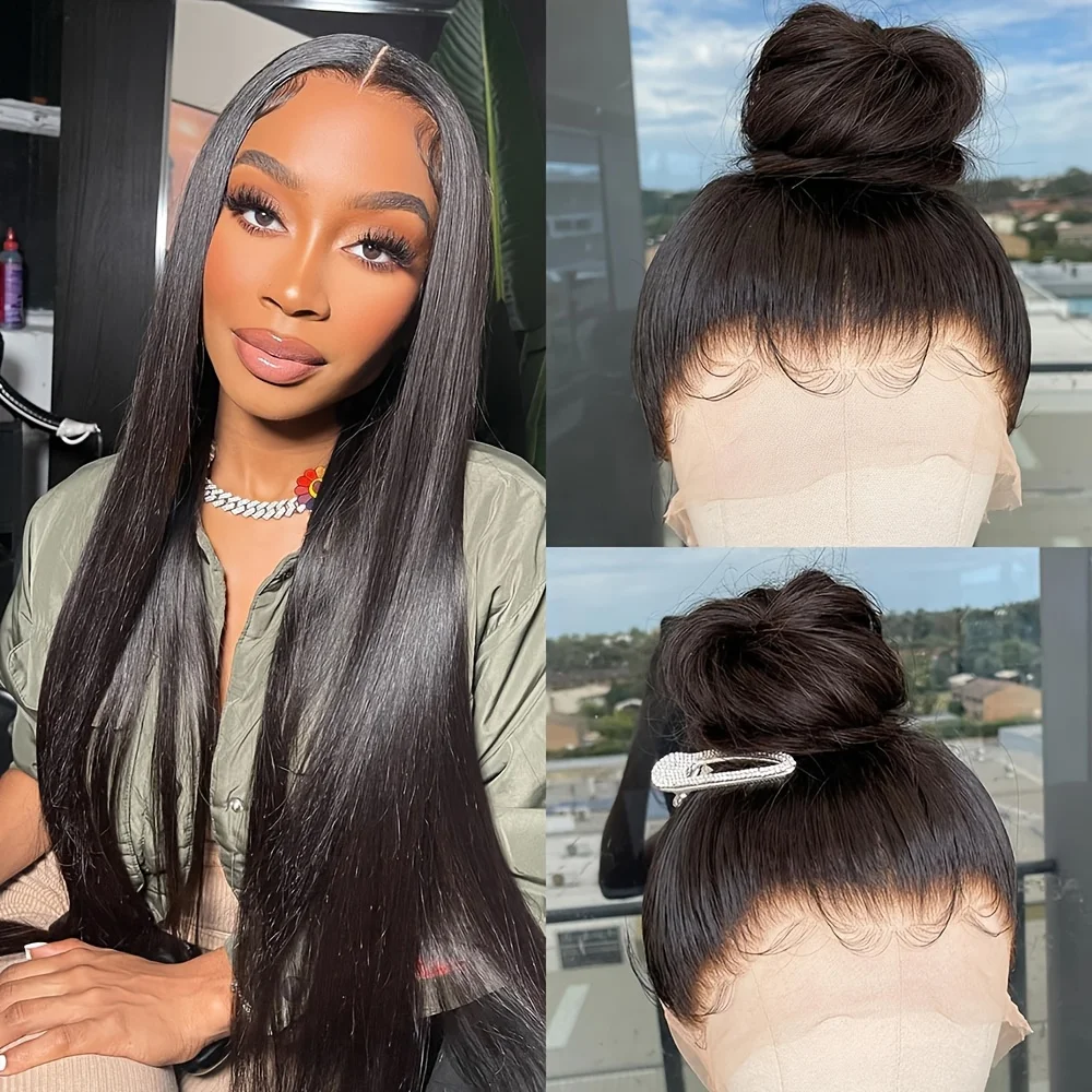 Luxuoso longo em linha reta 100% cabelo humano virgem brasileiro 360 peruca frontal do laço completo pré arrancado natural peruca de cabelo humano