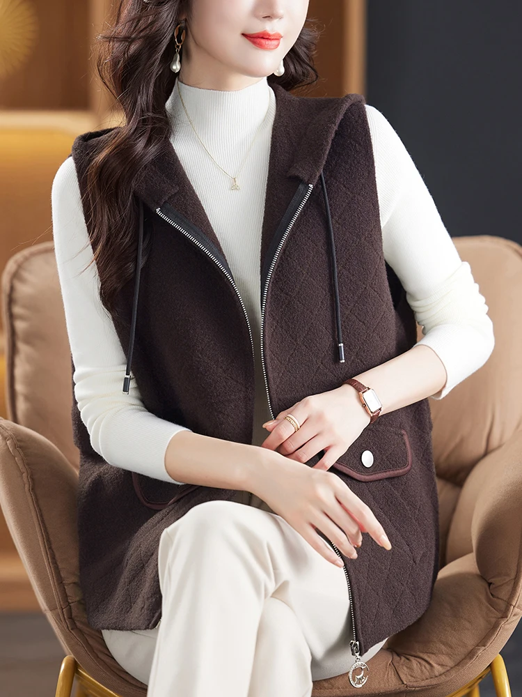Frühling Herbst Woolen Zipper Weste frauen Oberbekleidung Große Größe Mit Kapuze Offene Strickjacke Gestrickte Pullover Faion Lose Fit Reine Farbe