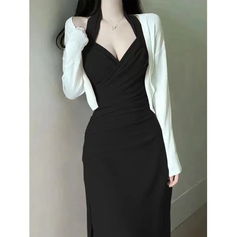 Female Spring New Pure Desire Halter Niche Off Shoulder Sexy Sling Temperament Solid Color Pleated Corset Fashion Tight Dress