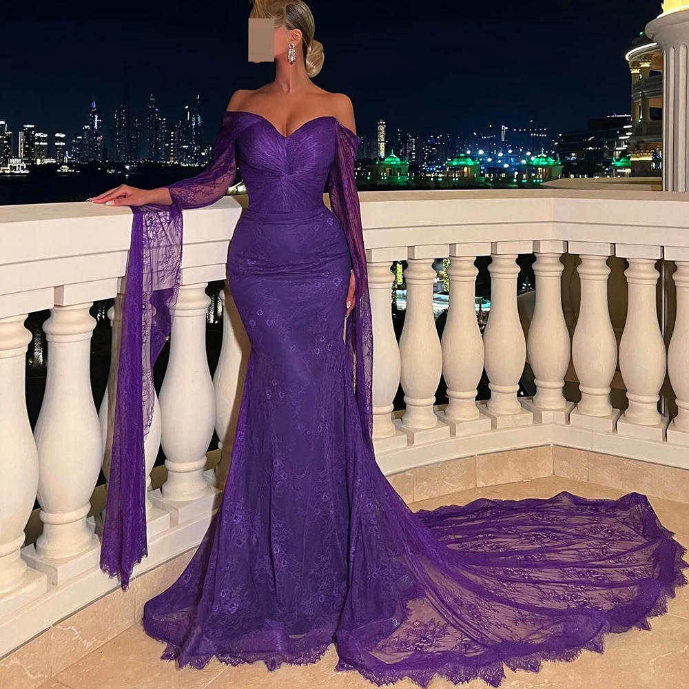 Customized High Quality Mermaid Lace Off the Shoulder Evening Dress Modern V-Neck 3/4 Sleeves Court Train Zipper Back Party Gown