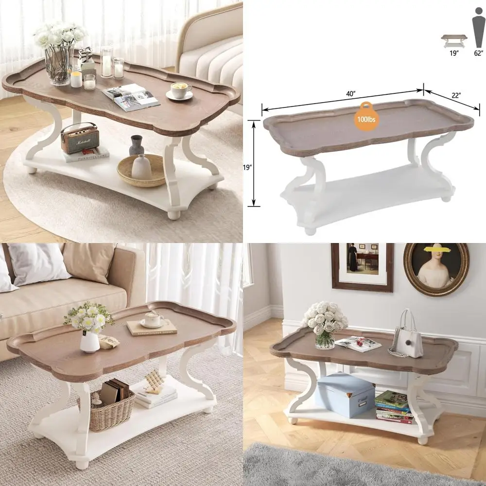 

Rustic White Storage Shelf Coffee Table with Natural Wood Tray and Carved Accents